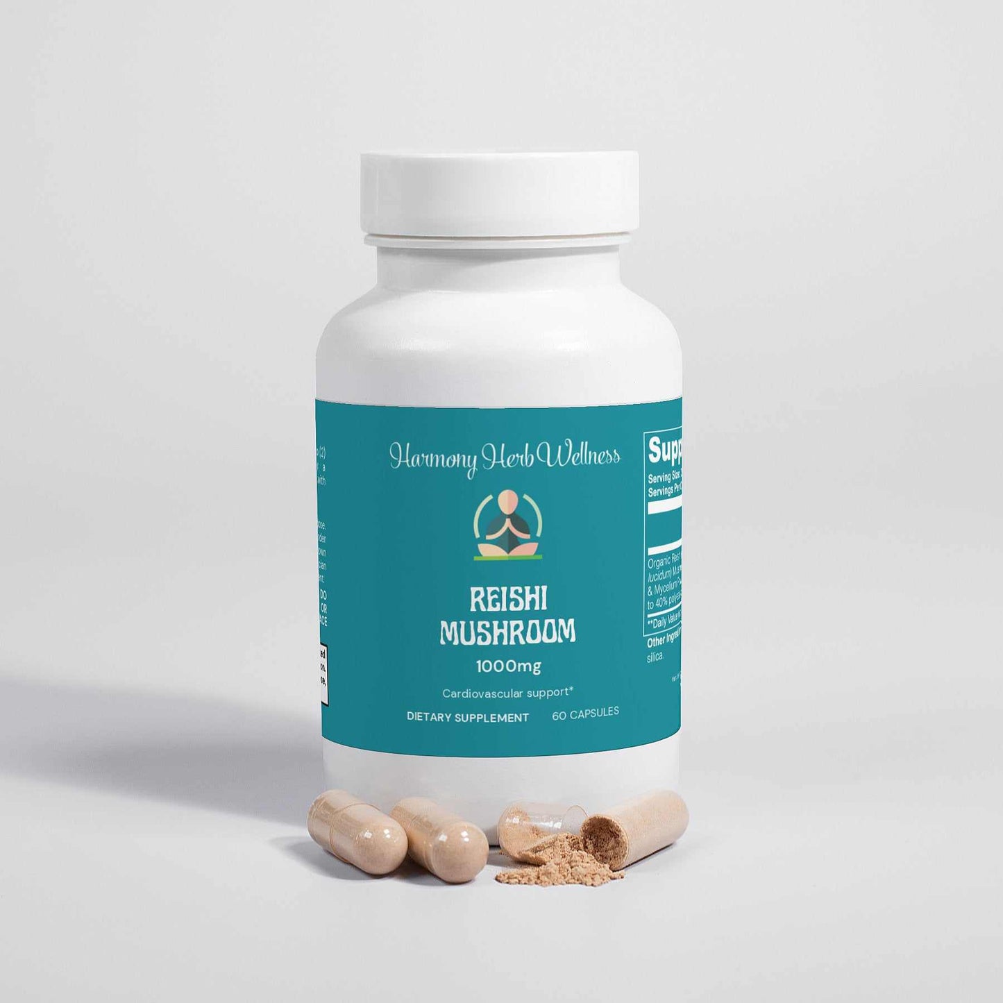 Organic Reishi Mushroom Capsules for immune support and stress reduction, 60 vegan capsules, dietary supplement.