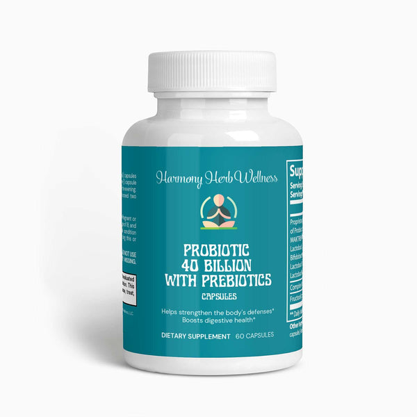 Probiotic Prebiotic Supplement bottle with 40 billion CFUs for gut health and metabolic support, 60 capsules.