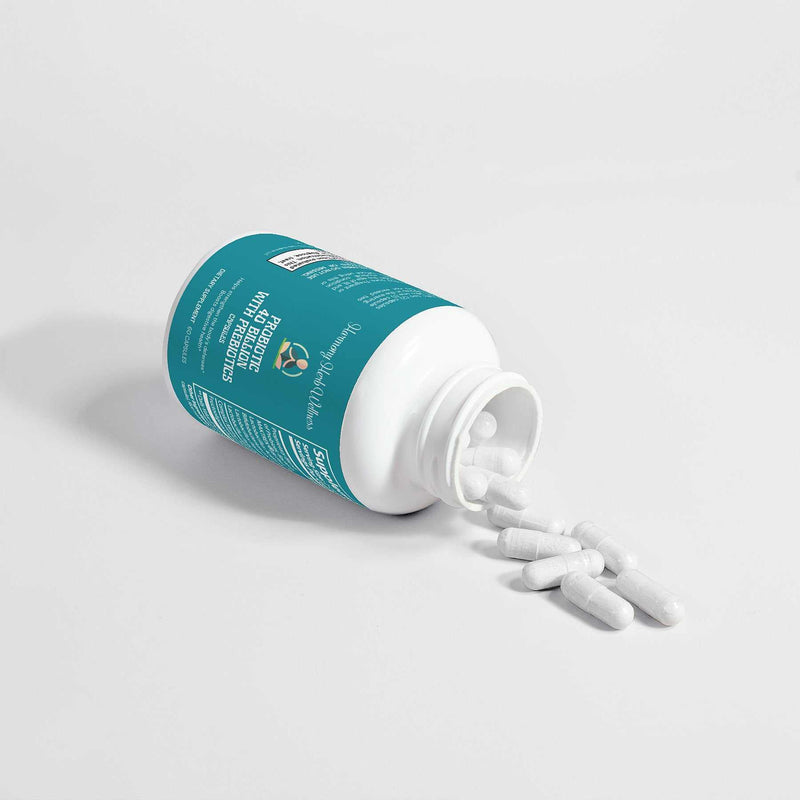 Probiotic Prebiotic Supplement bottle with capsules, supporting gut health and metabolism.