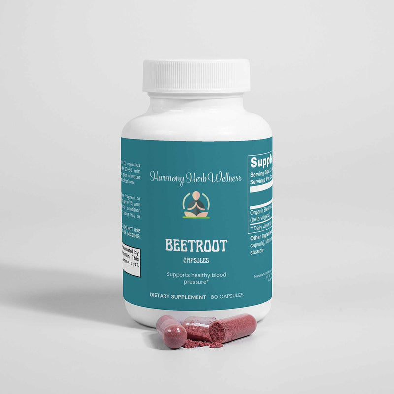 Organic Beetroot Powder Supplement bottle with capsules, boosting oxygen and enhancing athletic performance.