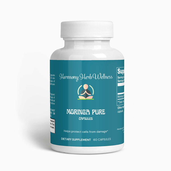 Moringa Pure dietary supplement bottle containing 60 capsules.