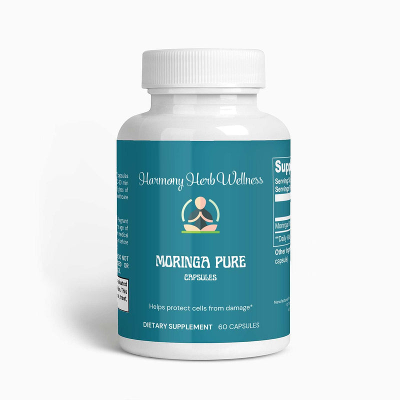 Moringa Pure dietary supplement bottle containing 60 capsules.