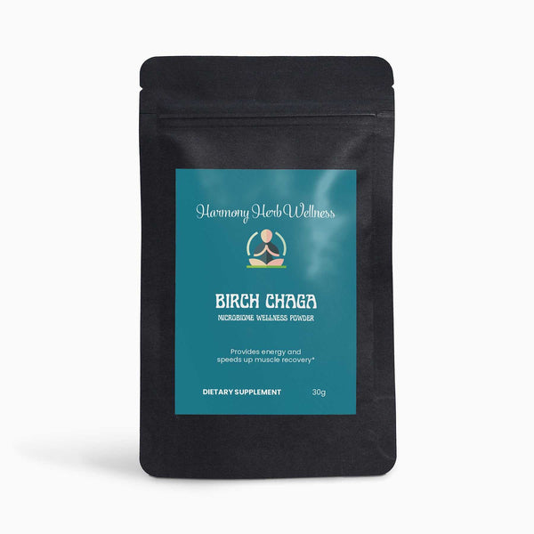 Birch Chaga Microbiome Wellness Powder package with 30g dietary supplement promoting energy and recovery.