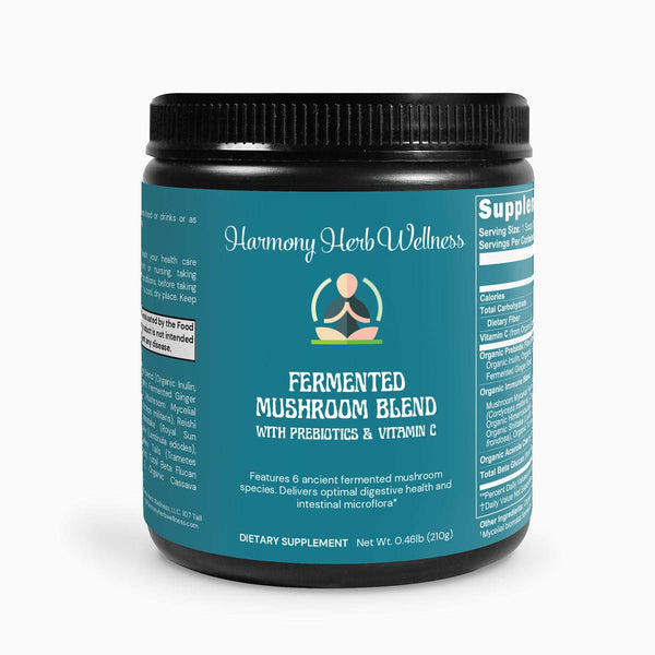 Mushroom Immune Support with prebiotics and vitamin C, dietary powder in black jar.