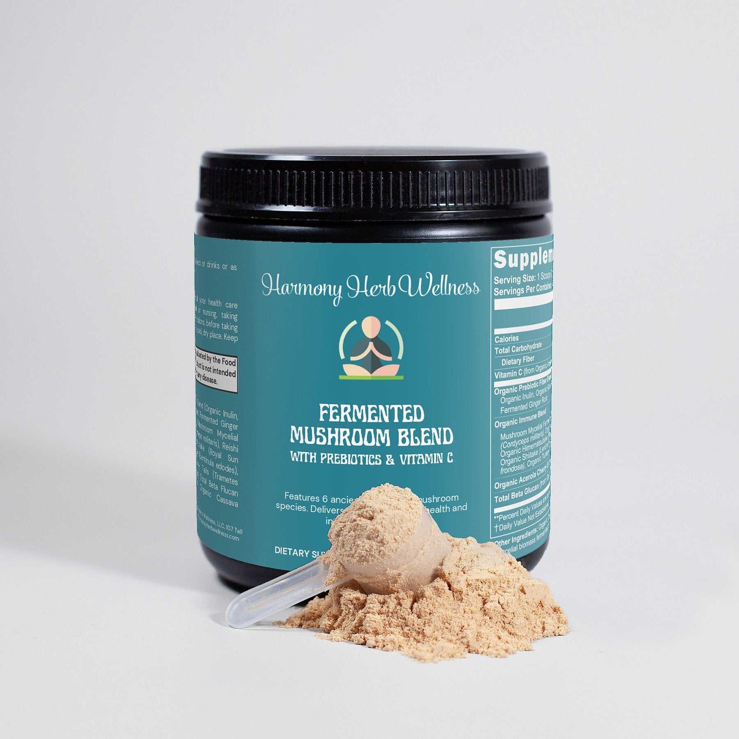 Mushroom Immune Support Supplement powder jar with scoop, enriched with probiotics and vitamins for immune support.