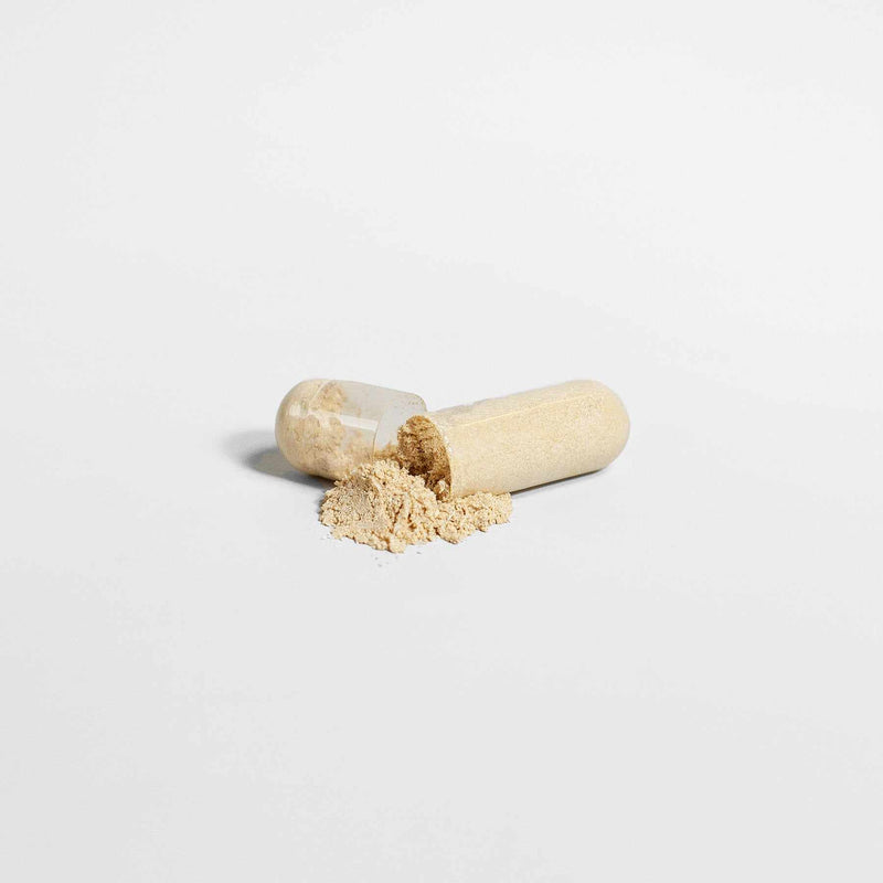 Organic Ashwagandha capsule with powder on white background.