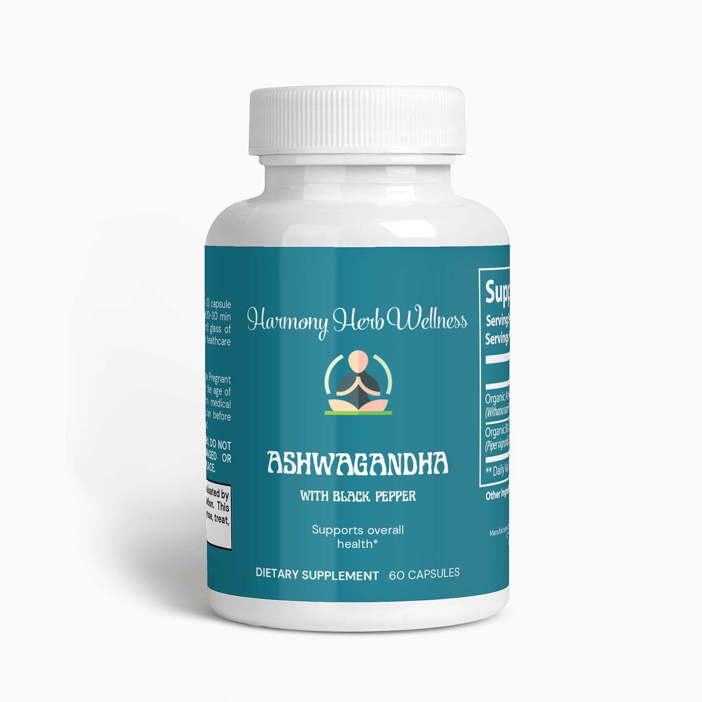 Organic Ashwagandha supplement bottle, 60 capsules, stress reduction, and health support.