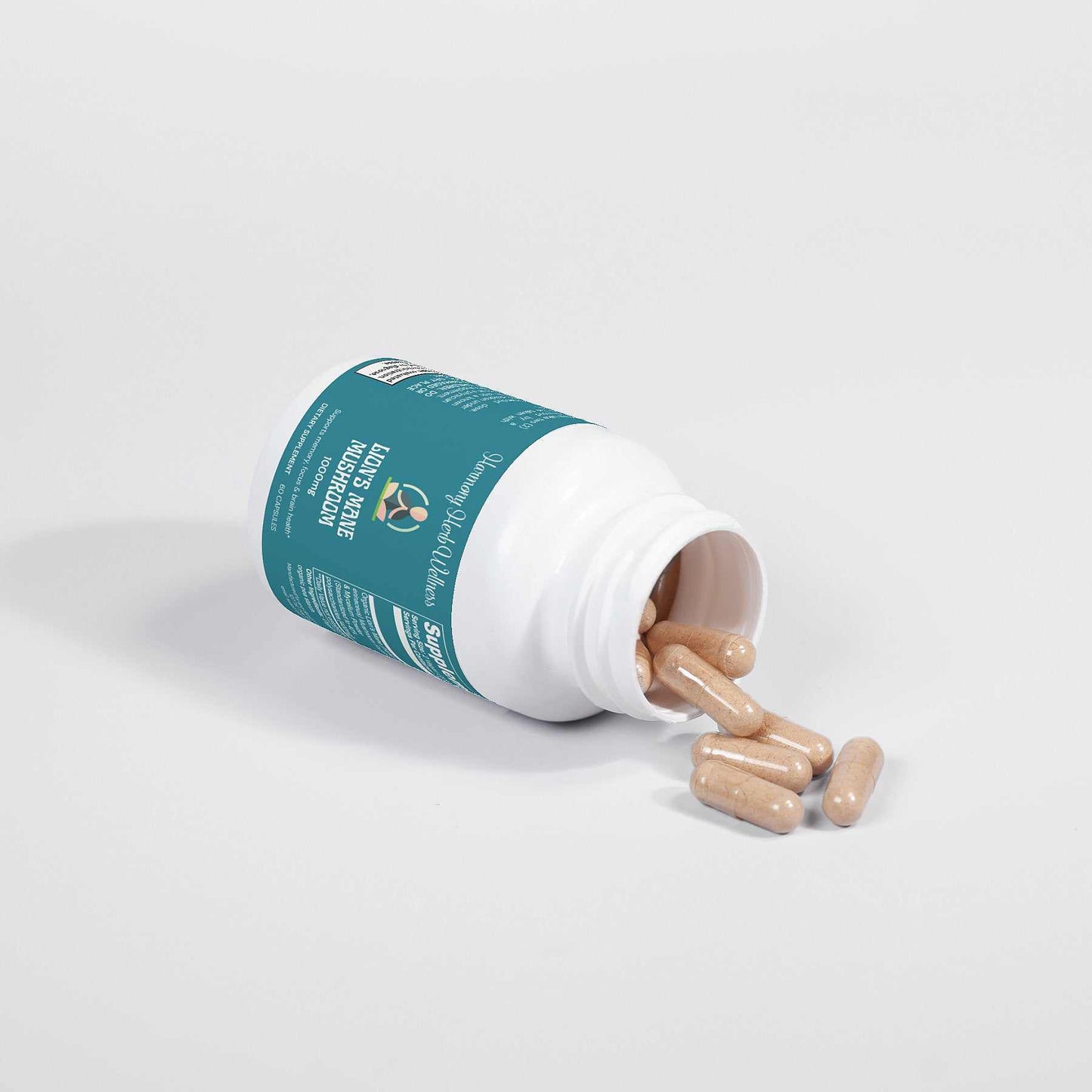 Lions Mane Mushroom Supplement bottle with capsules displayed on a light background.