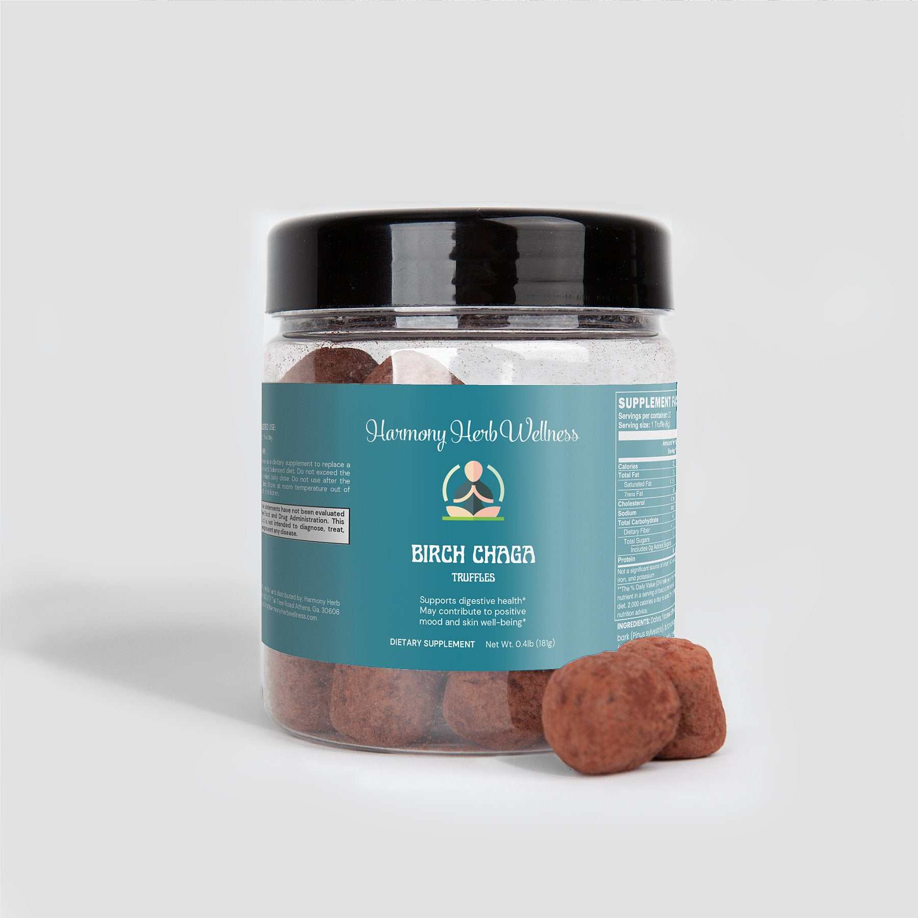 Container of nutrient-rich Chaga truffles with chocolate flavor, promoting wellness through essential nutrients like fulvic and humic acids.