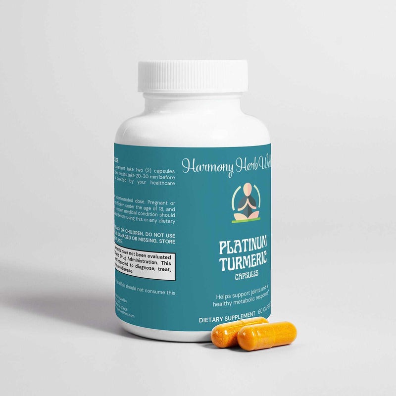 Platinum Turmeric Supplement bottle with capsules, holistic Ayurvedic wellness support.