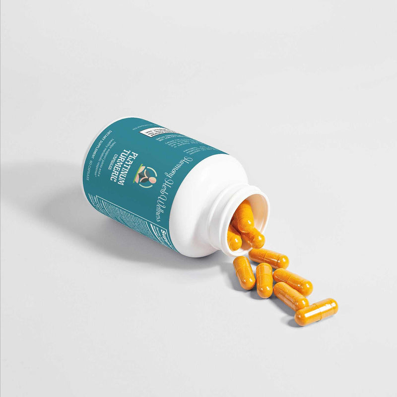 Platinum Turmeric Supplement bottle with capsules, joint health support, holistic wellness.