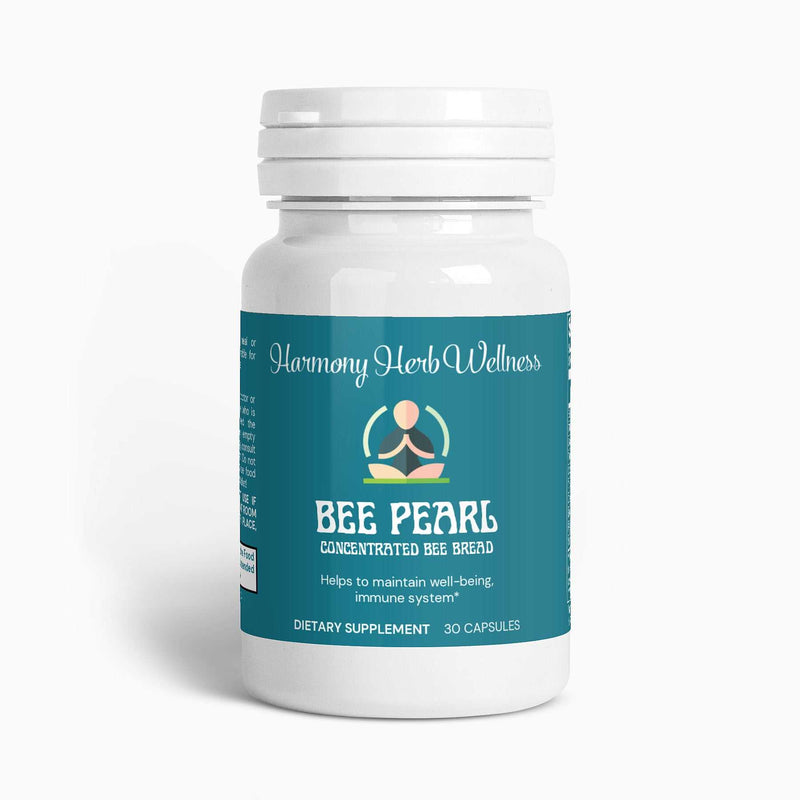 Bee Bread Supplement bottle, Harmony Herb Wellness, dietary supplement, immunity support, 30 capsules.