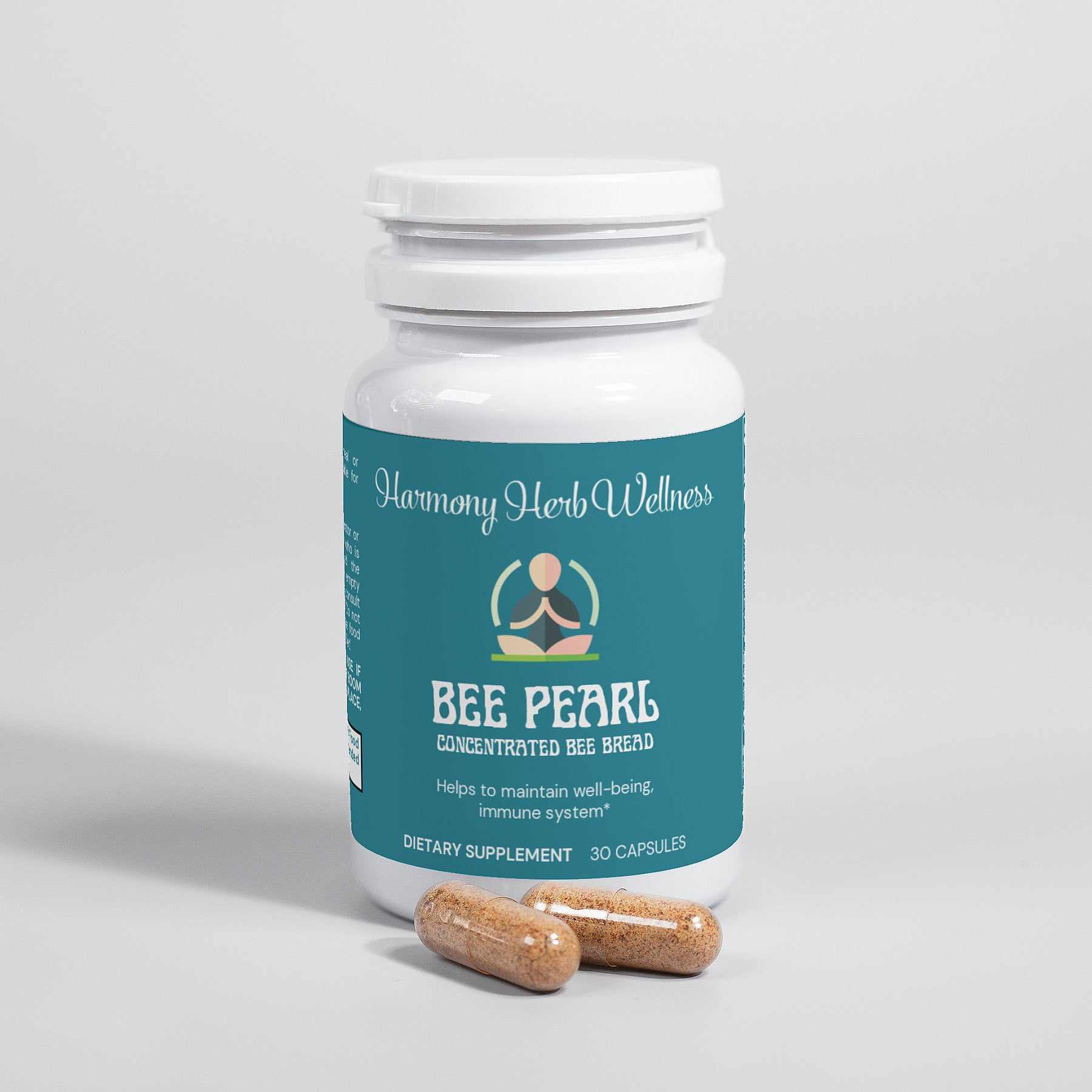 Bee Bread Supplement bottle with capsules promotes health, immunity, and energy.