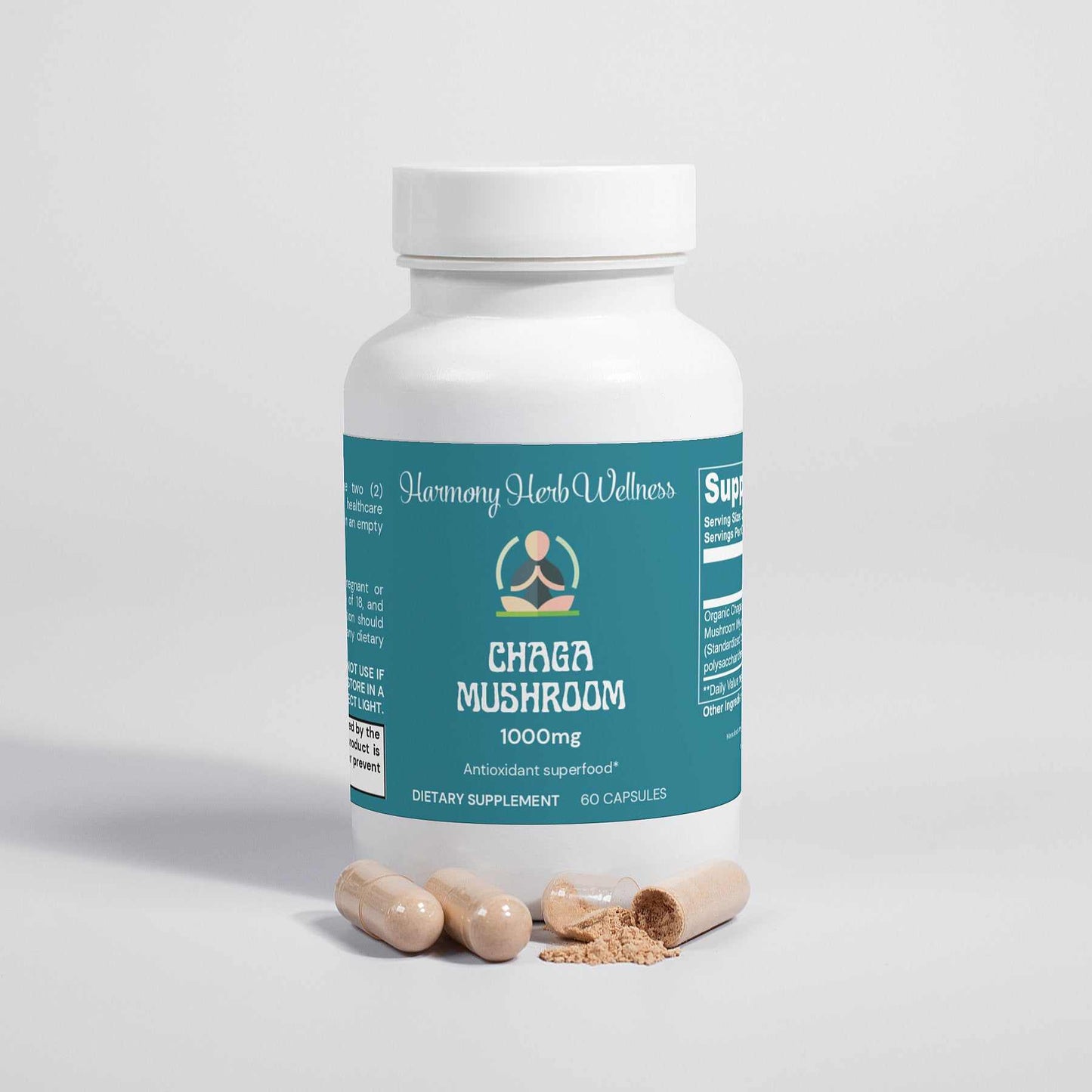 Organic chaga extract supplement bottle with capsules, 60 vegan capsules, antioxidant superfood for immune support and overall well-being.