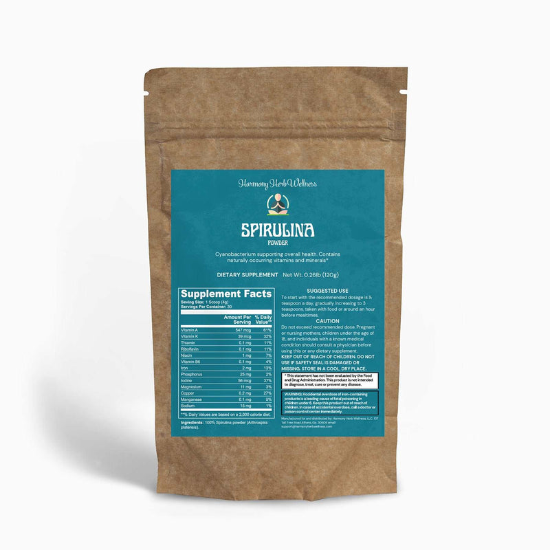 Organic Spirulina Powder Supplement in eco-friendly packaging with information label, 120g.