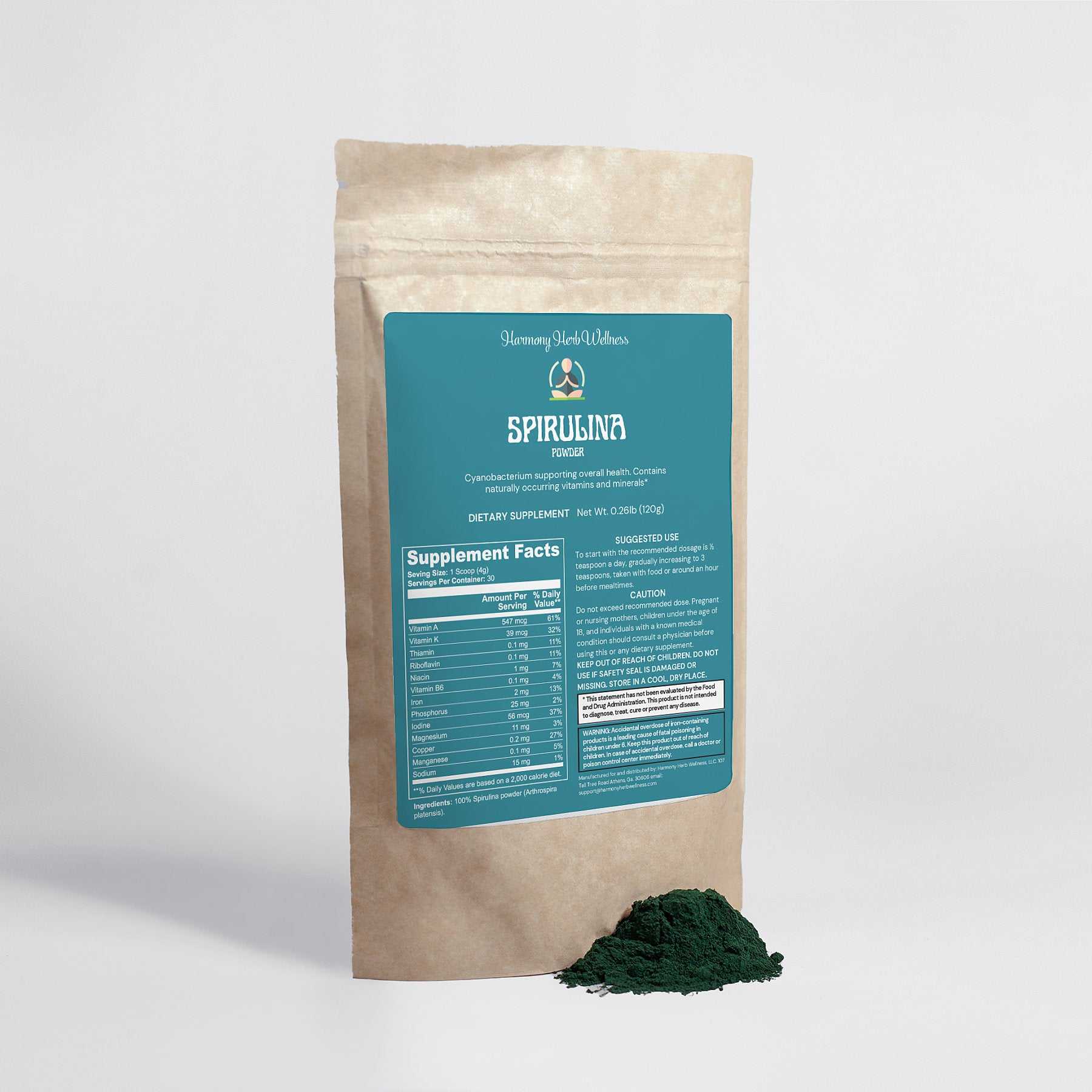 Organic Spirulina Powder Supplement in eco-friendly packaging, high protein and nutrient-rich, 120g.