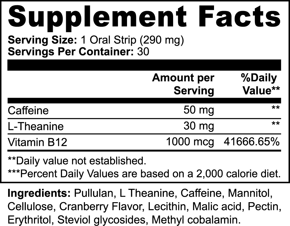 Supplement Facts label for Energy Strips, detailing ingredients and daily values.