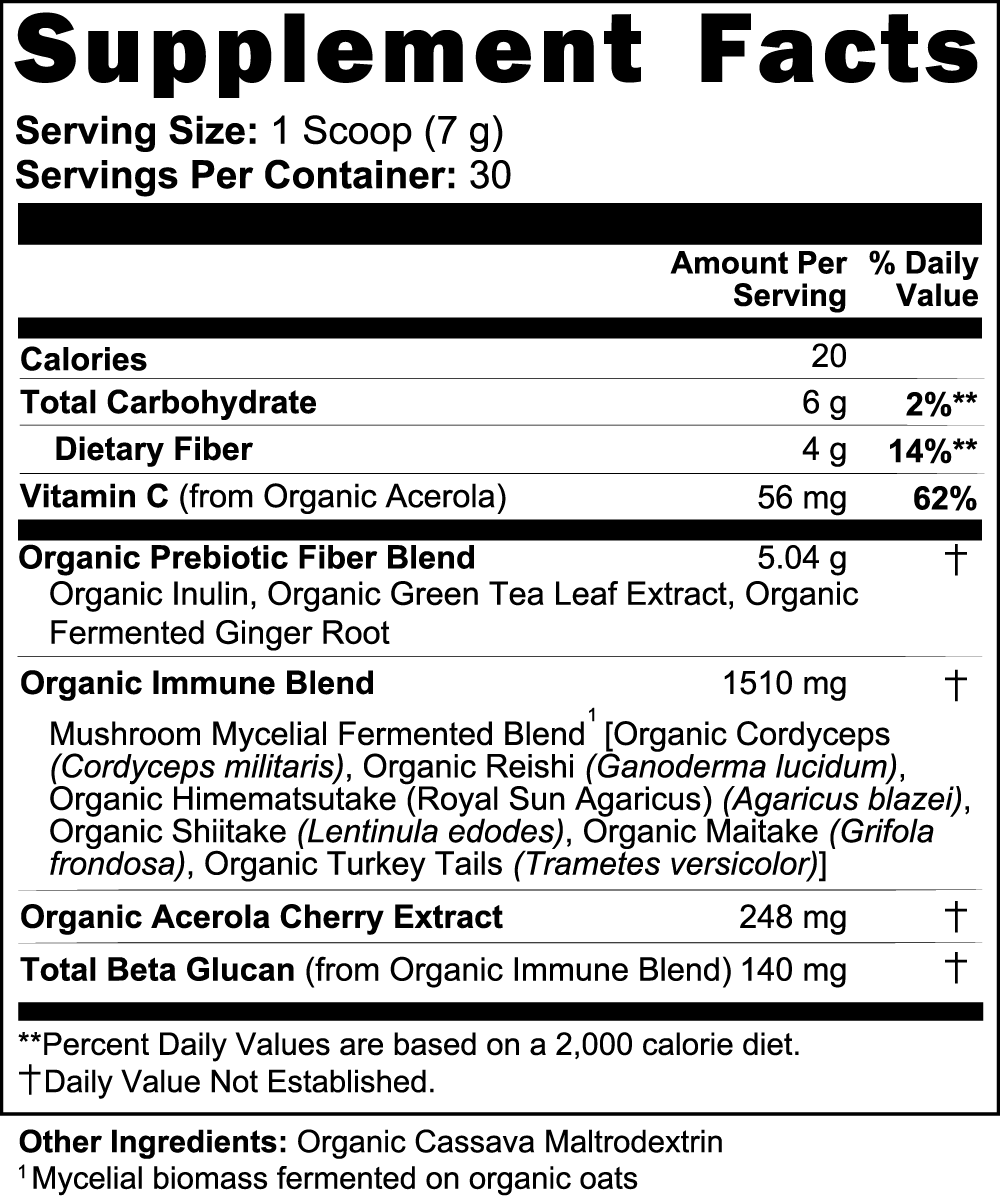 Mushroom Immune Support Supplement label showing nutrition facts and ingredient details.