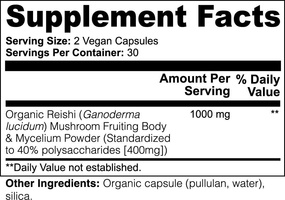 Supplement facts label for Organic Reishi Mushroom Capsules, 1000 mg per serving, standardized to 40% polysaccharides, 60 vegan capsules.