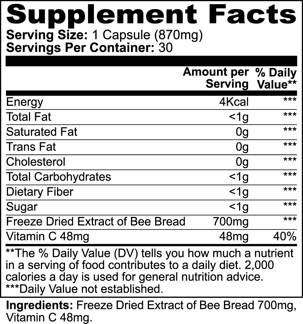 Supplement facts for Bee Bread Supplement, featuring 4Kcal energy, minimal fat, carbohydrates, and freeze dried extract of bee bread with Vitamin C.