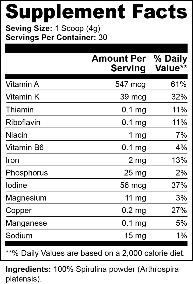 Supplement facts for Organic Spirulina Powder Supplement, detailing vitamins and minerals per serving.