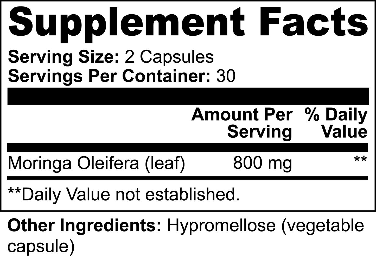 Supplement facts for Moringa Pure: Serving size 2 capsules, 800 mg Moringa Oleifera leaf per serving.