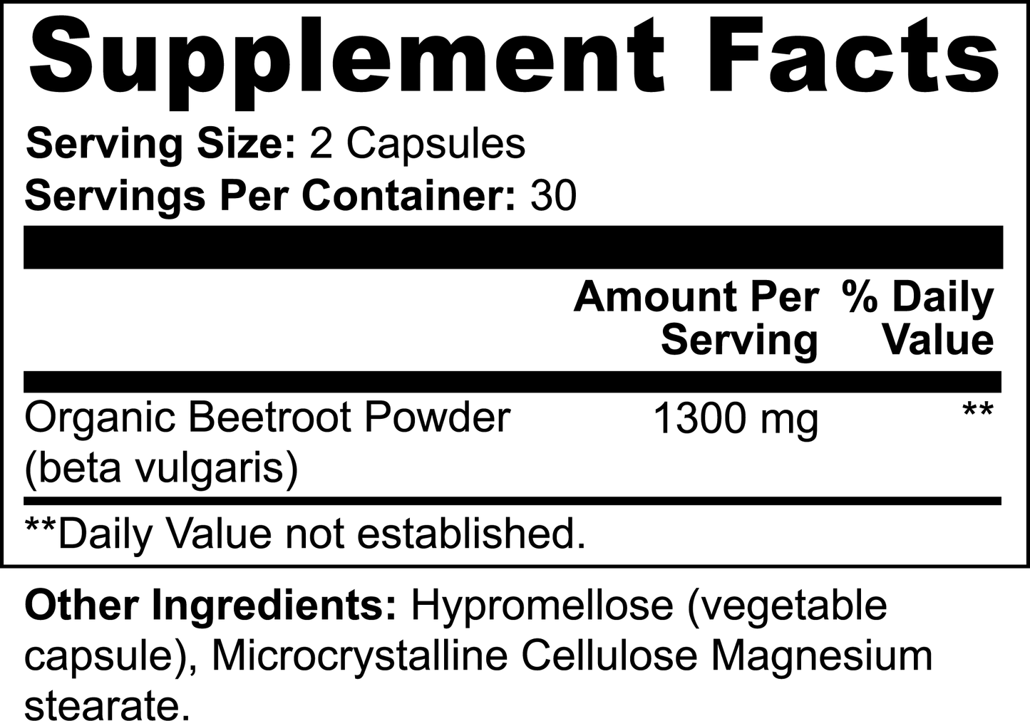 Supplement facts for Organic Beetroot Powder Supplement capsules, 60 count.