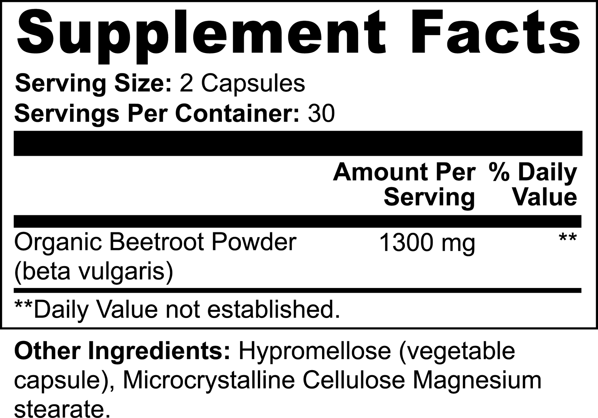 Supplement facts for Organic Beetroot Powder Supplement capsules, 60 count.