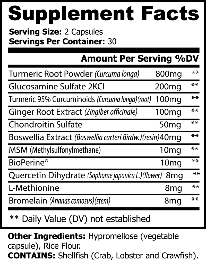 Supplement facts label for Platinum Turmeric Supplement showing ingredients and serving size information.