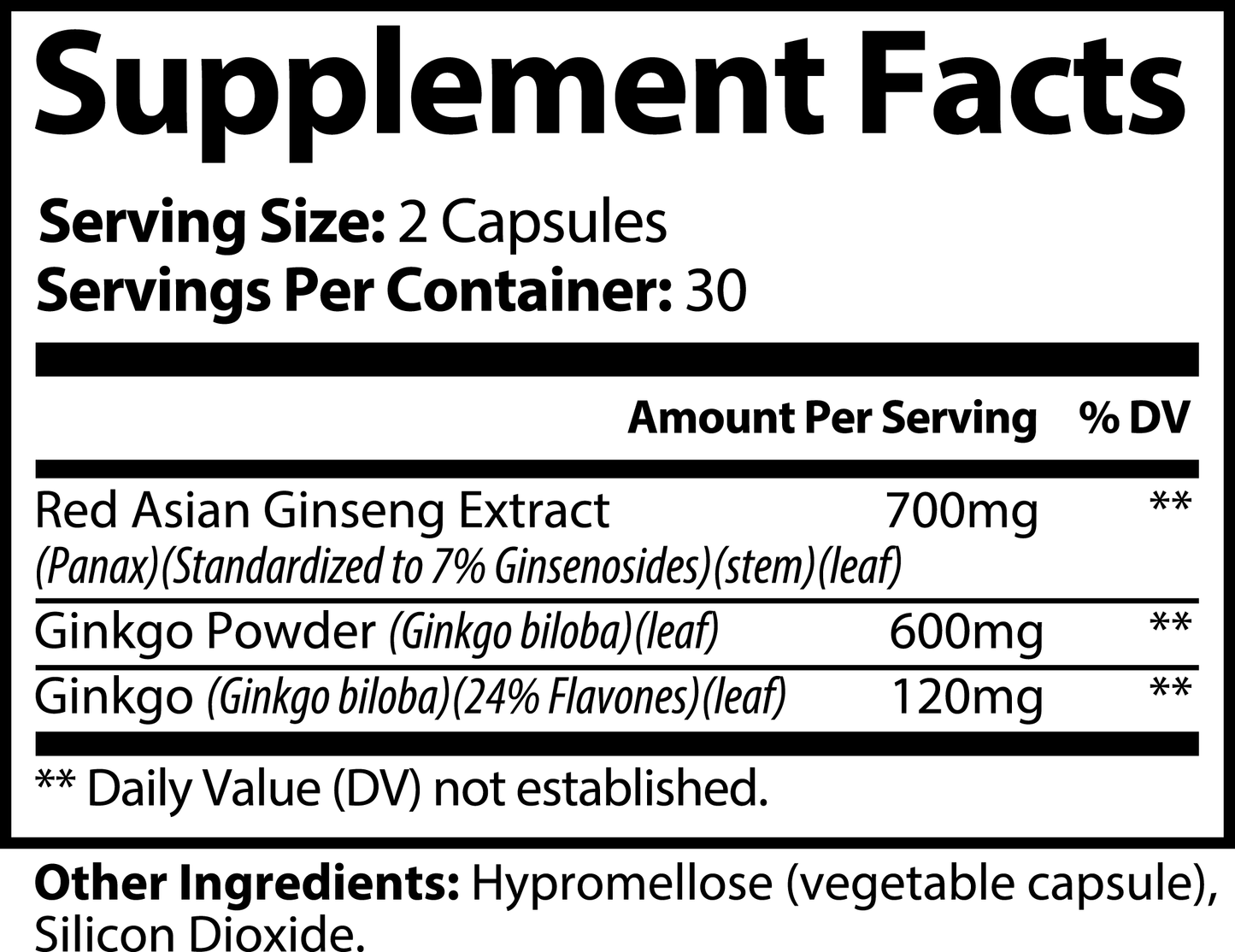 Ginkgo Biloba & Ginseng Supplement label