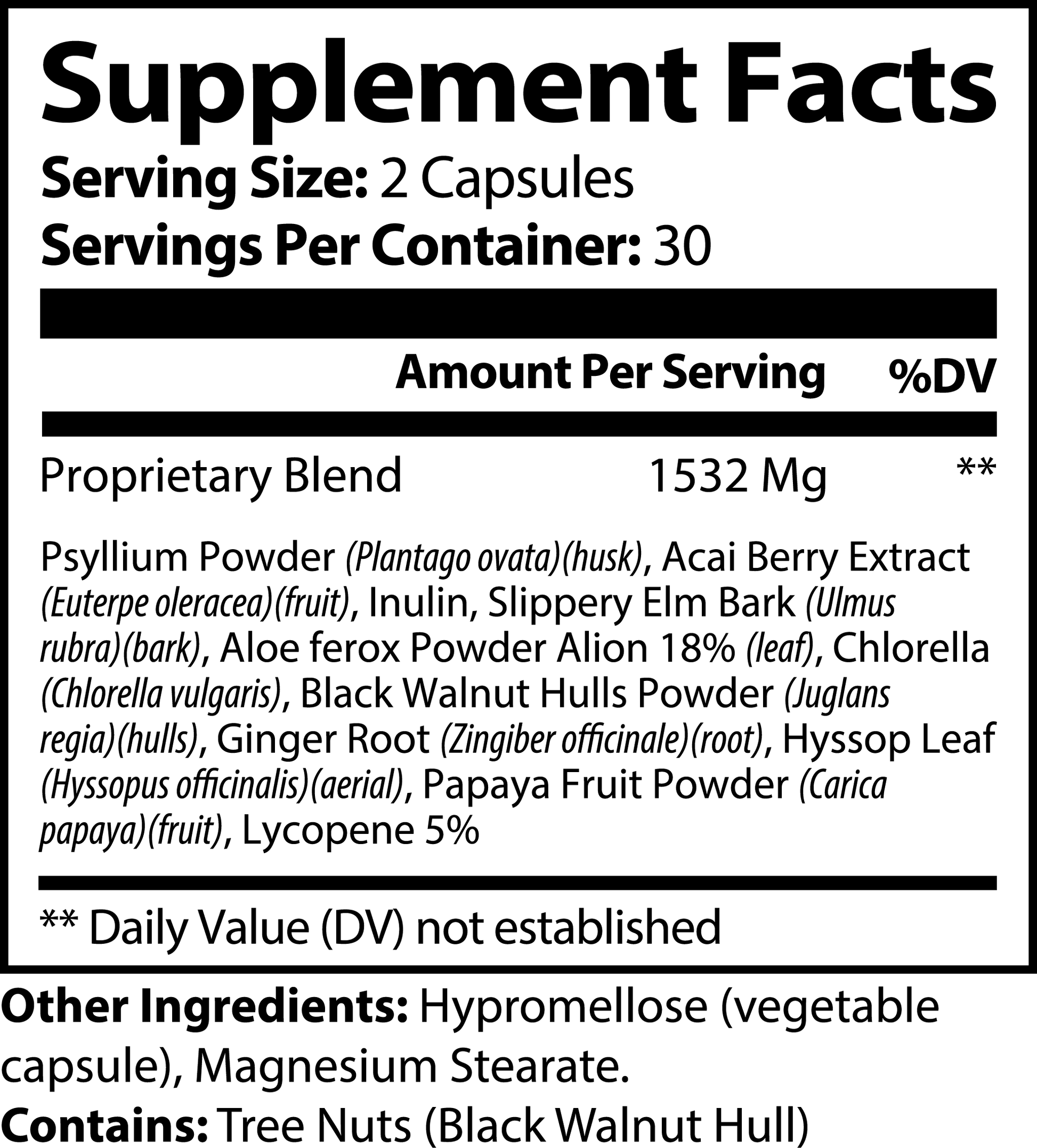 Acai Berry Detox Supplement label showing proprietary blend ingredients and supplement facts.