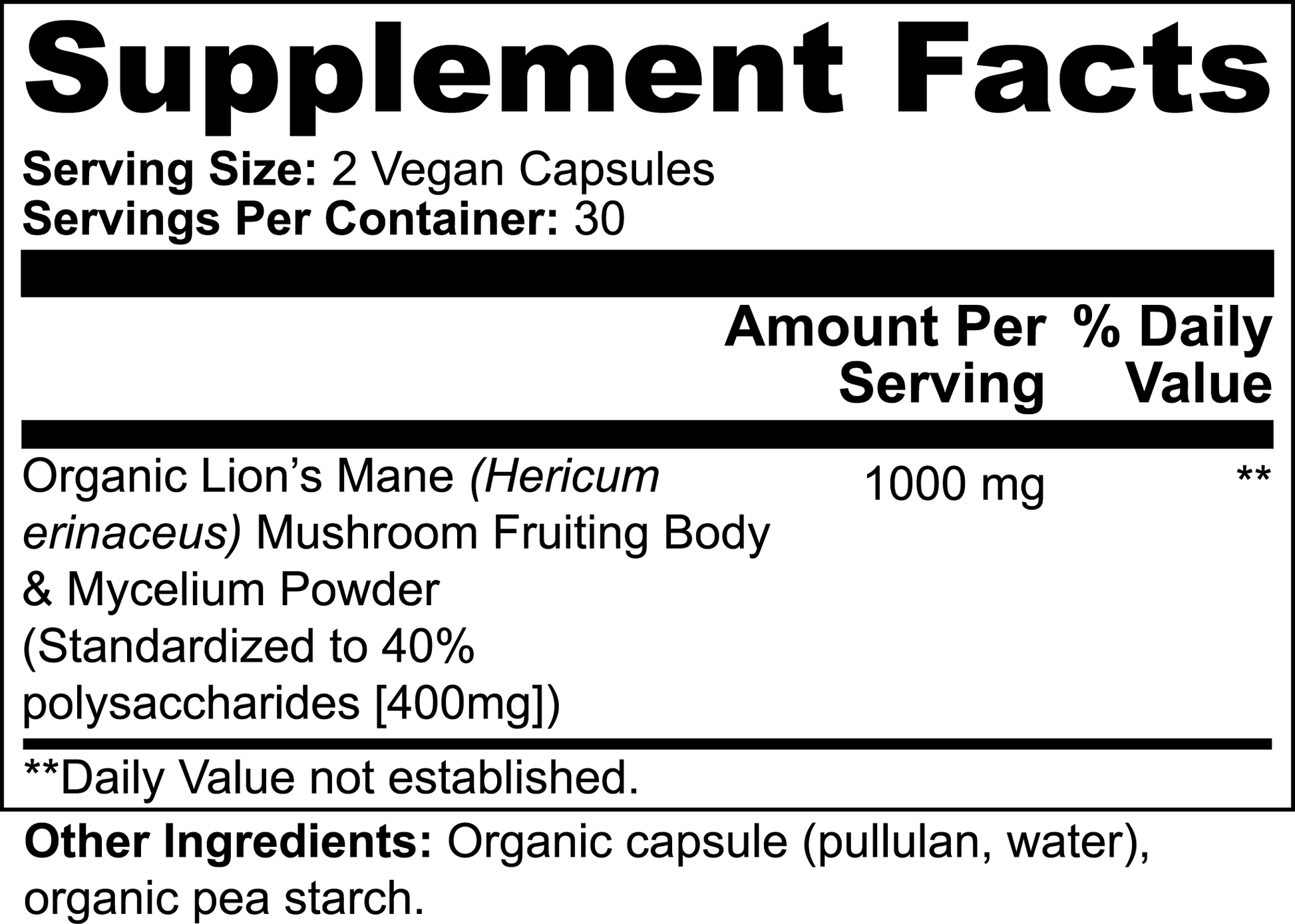 Lions Mane Mushroom Supplement nutrition label, 1000mg organic Hericium erinaceus, 60 vegan capsules per container.