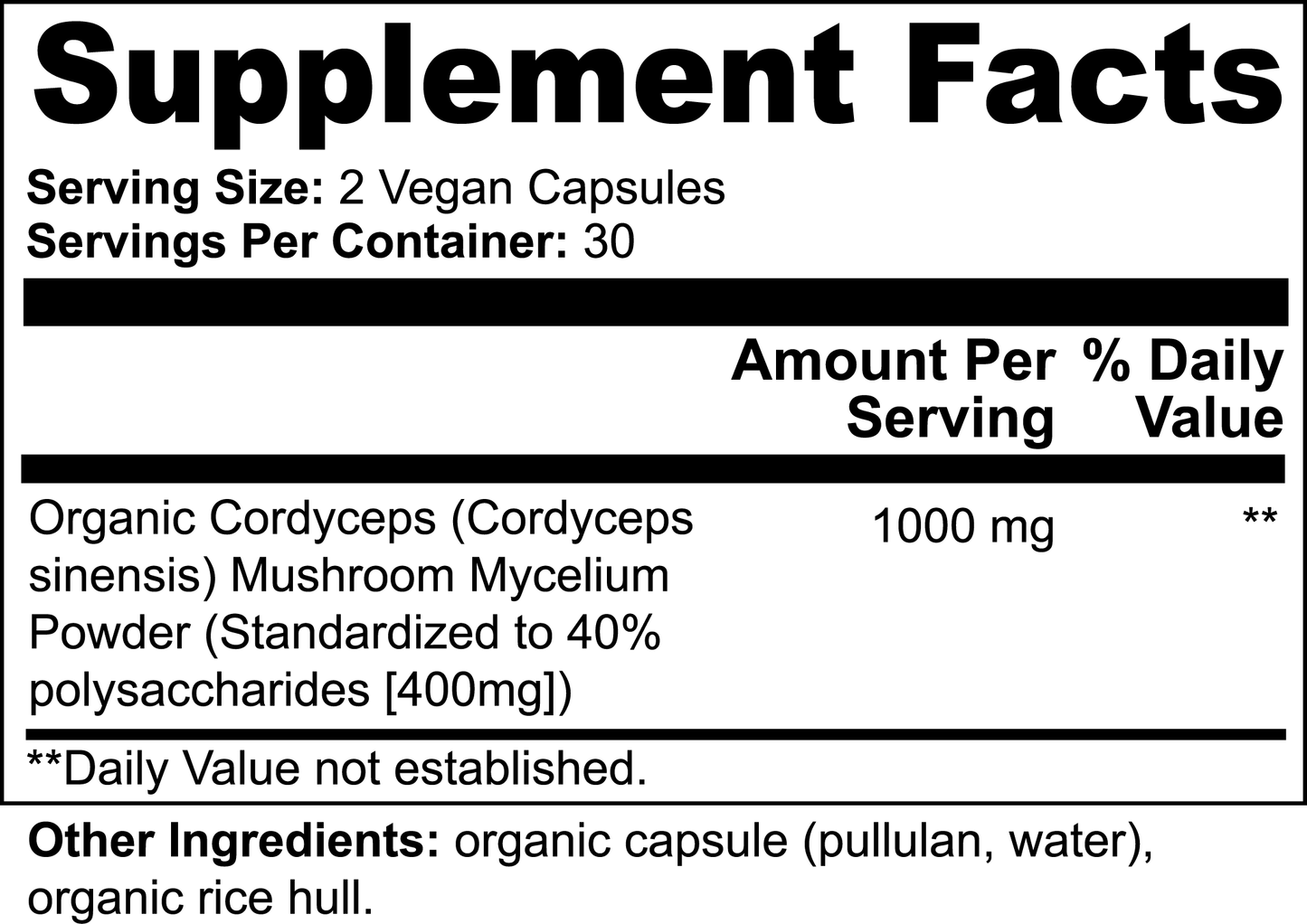 Supplement facts label for cordyceps supplement highlighting the composition and daily values.