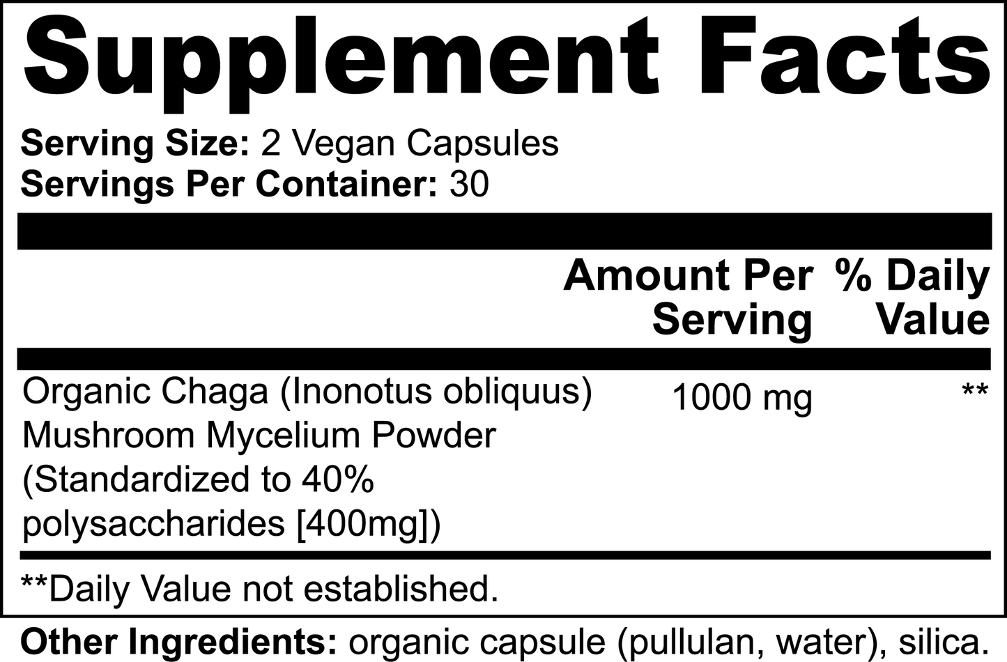 Supplement facts label for Organic chaga extract supplement, showing serving size and ingredients.